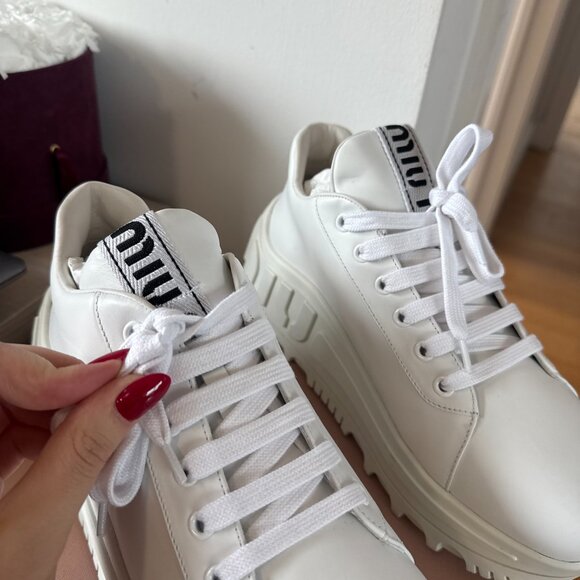 NWT Miu Miu Platform Chunky Low Top Sneakers White Leather Upper Lace Up Sz 40 - Picture 6 of 9